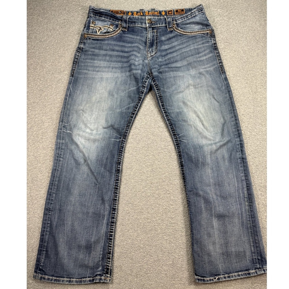 Rock Revival Jeans Men's 38 Blue Medium Wash Relaxed Fit Straight Leg Whiskered